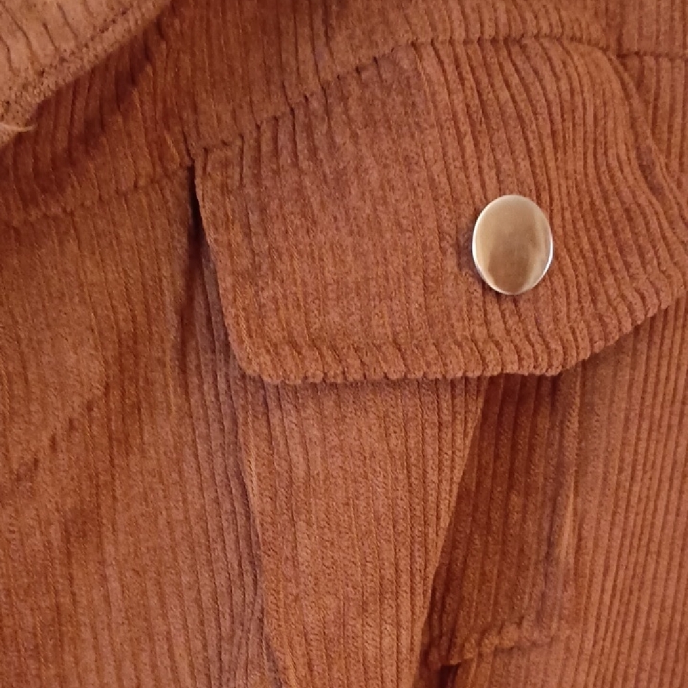 Brown Corduroy Short-Sleeve Button-Front Midi Dress, P2P 18", L 42", W 27" - Picture 6 of 9